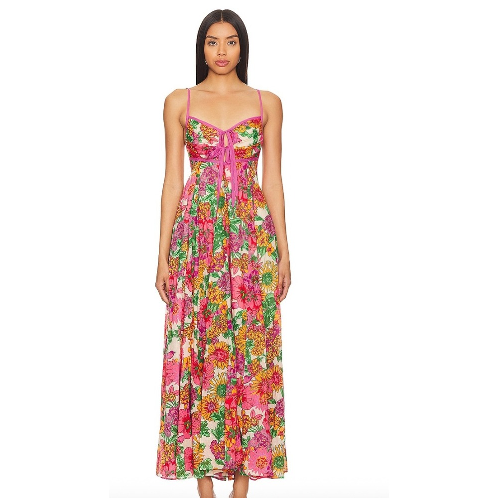 Free People Pink Floral Lace Up Empire Waist Dream Weaver Maxi Dress Sz Med
